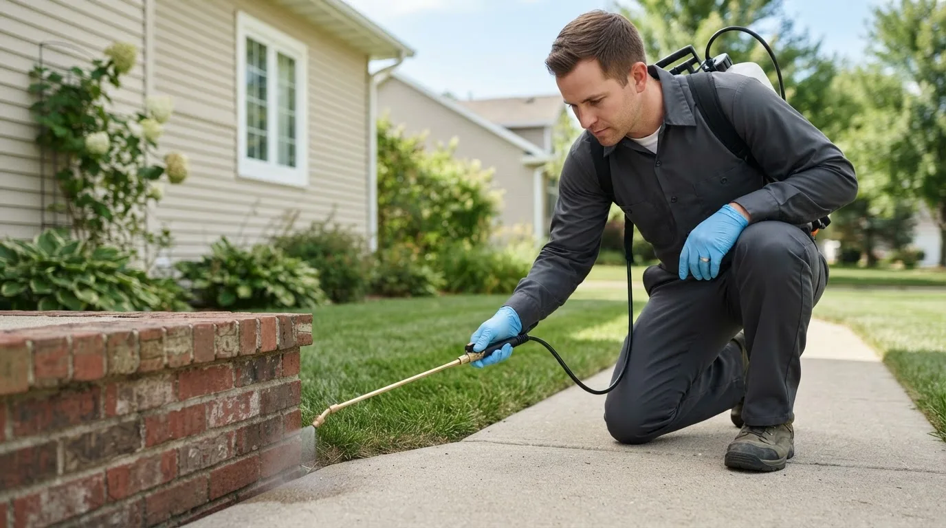Pest control technician treating a home near Kechi, KS
